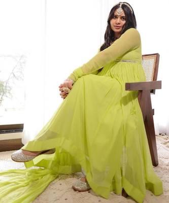 dark lime georgette embroidered flared suit  3