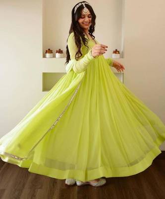 dark lime georgette embroidered flared suit  4