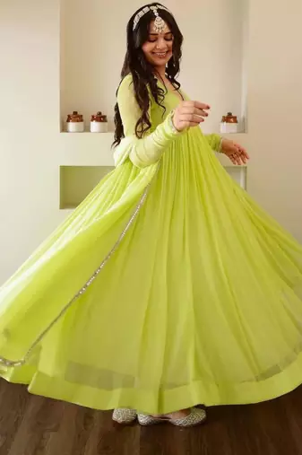 dark lime georgette embroidered flared suit 