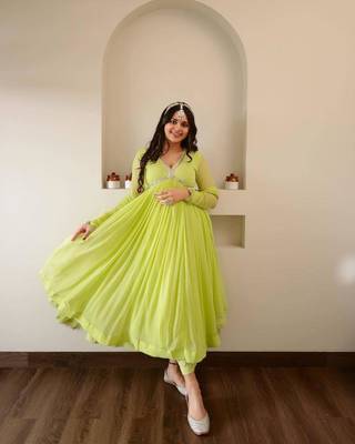dark lime georgette embroidered flared suit  1