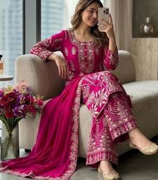 Rani-pink kurta plazzo set with dupatta