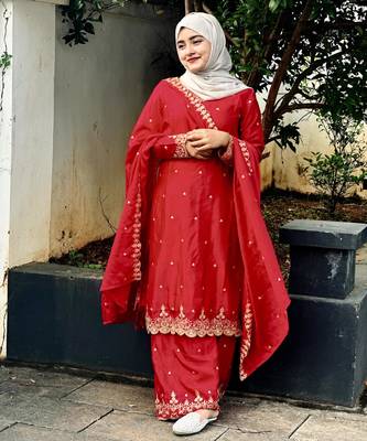 Red silk embroidered salwar suit 1