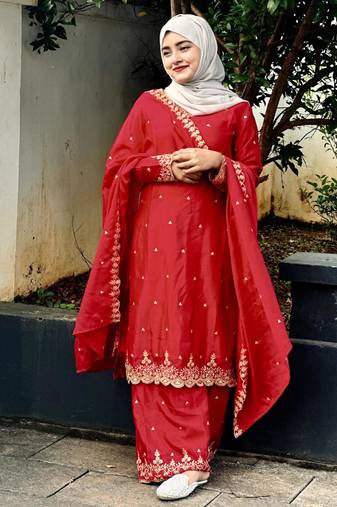 Red silk embroidered salwar suit
