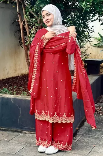 Red silk embroidered salwar suit