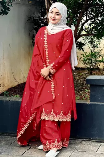 Red silk embroidered salwar suit