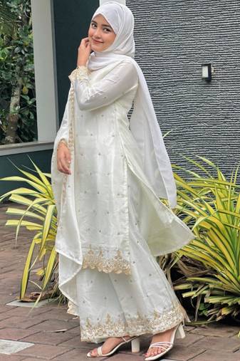 White silk embroidered salwar kameez