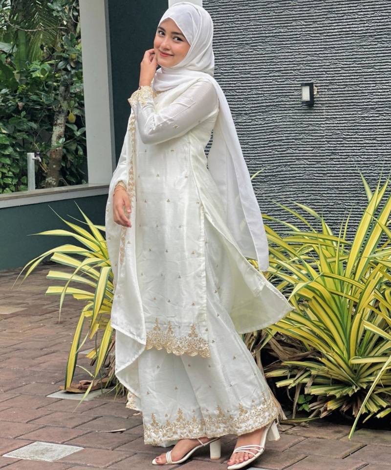 White silk embroidered salwar kameez