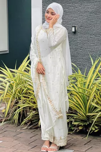 White silk embroidered salwar kameez