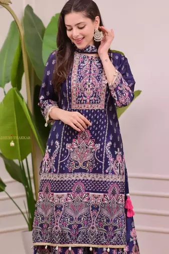 purple silk blend embroidered sharara set
