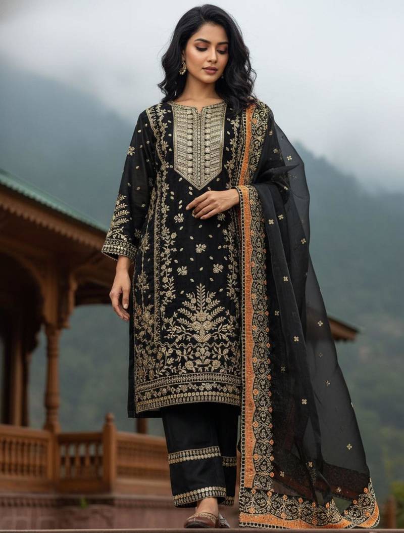 Black silk embroidered salwar suit
