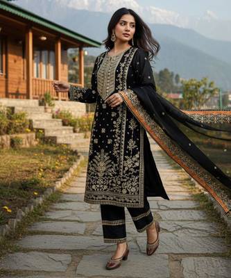 black silk blend embroidered kurta set 3