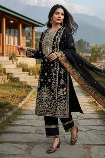 black silk blend embroidered kurta set