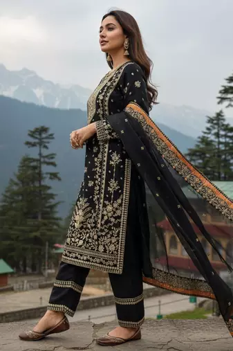 black silk blend embroidered kurta set