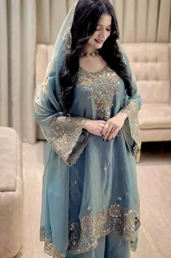 Teal blue embroidered silk suit