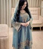 Teal blue embroidered silk suit