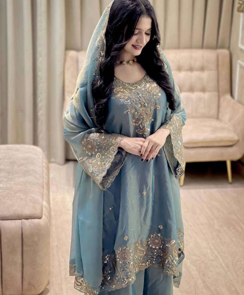 Teal blue embroidered silk suit