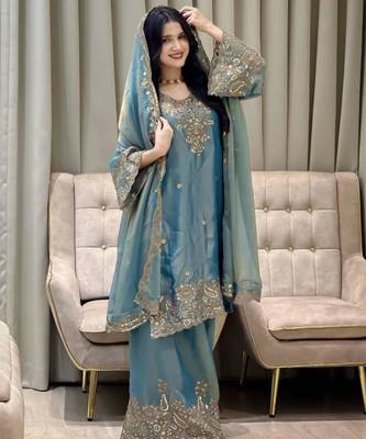 Teal blue embroidered silk suit 2