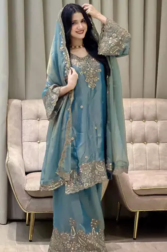 Teal blue embroidered silk suit