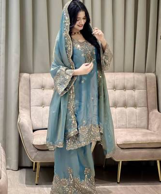 Teal blue embroidered silk suit 3