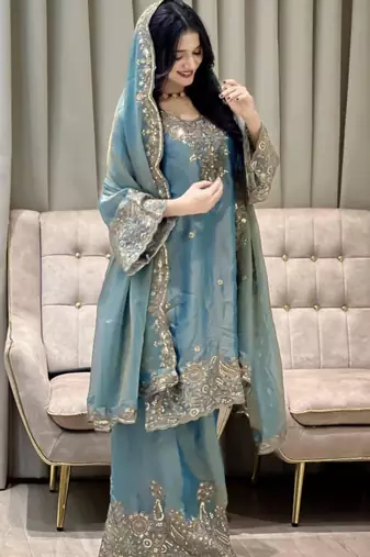 Teal blue embroidered silk suit