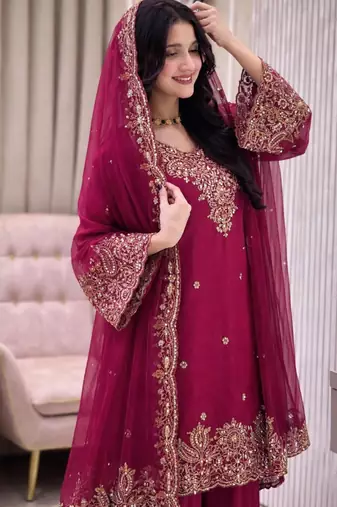 Rani pink silk embroidered salwar suit