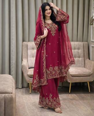 Rani pink silk embroidered salwar suit 1