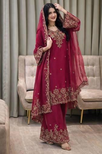 Rani pink silk embroidered salwar suit