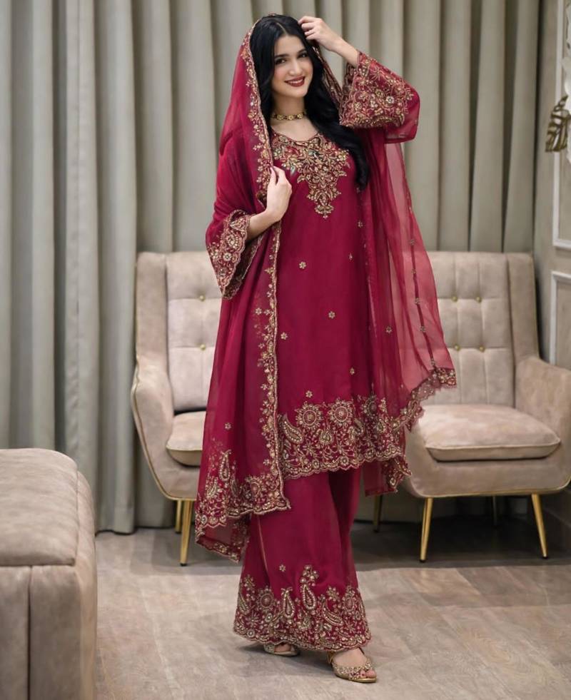 Rani pink silk embroidered salwar suit