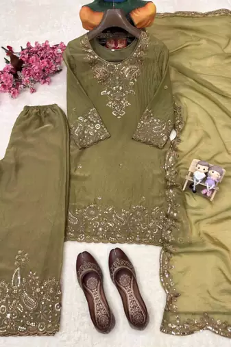 Olive silk suit
