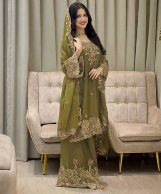 Olive silk suit 1