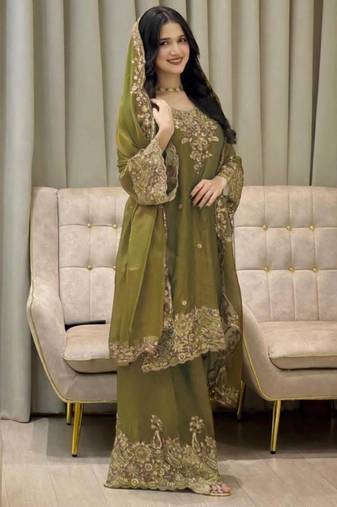 Olive silk suit