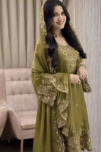Olive silk suit