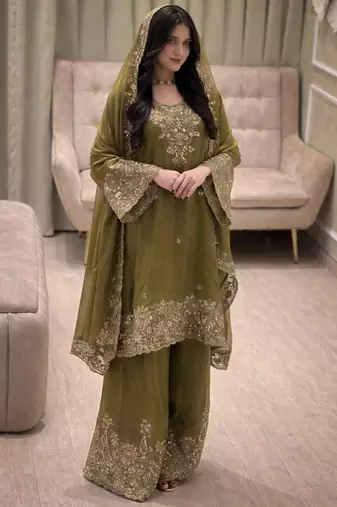 Olive silk suit