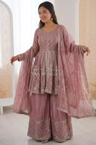onion pink silk blend embroidered palazzo set