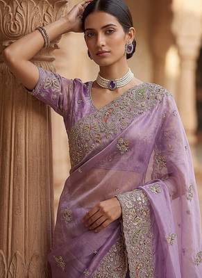 Lavender Color Patch Embroidered,Dori,Multi Thread And Zari With Sequins And Zircon Diamond Work Silk Saree 2
