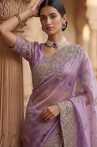 Lavender Color Patch Embroidered,Dori,Multi Thread And Zari With Sequins And Zircon Diamond Work Silk Saree