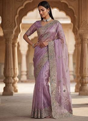 Lavender Color Patch Embroidered,Dori,Multi Thread And Zari With Sequins And Zircon Diamond Work Silk Saree 3