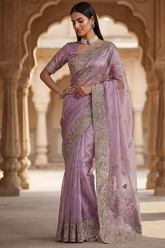 Lavender Color Patch Embroidered,Dori,Multi Thread And Zari With Sequins And Zircon Diamond Work Silk Saree