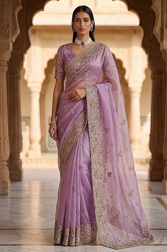 Lavender Color Patch Embroidered,Dori,Multi Thread And Zari With Sequins And Zircon Diamond Work Silk Saree