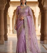 Lavender Color Patch Embroidered,Dori,Multi Thread And Zari With Sequins And Zircon Diamond Work Silk Saree