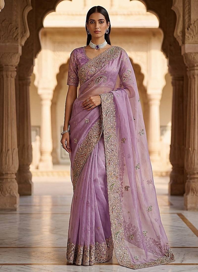 Lavender Color Patch Embroidered,Dori,Multi Thread And Zari With Sequins And Zircon Diamond Work Silk Saree