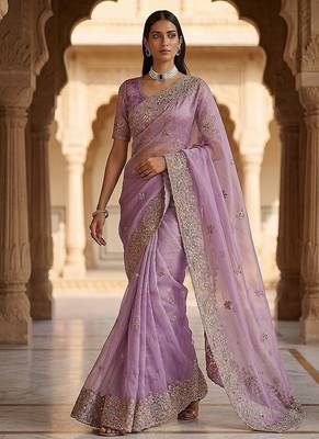 Lavender Color Patch Embroidered,Dori,Multi Thread And Zari With Sequins And Zircon Diamond Work Silk Saree 4