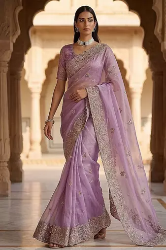 Lavender Color Patch Embroidered,Dori,Multi Thread And Zari With Sequins And Zircon Diamond Work Silk Saree