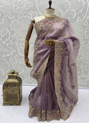 Lavender Color Patch Embroidered,Dori,Multi Thread And Zari With Sequins And Zircon Diamond Work Silk Saree 5