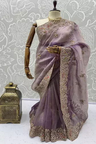 Lavender Color Patch Embroidered,Dori,Multi Thread And Zari With Sequins And Zircon Diamond Work Silk Saree
