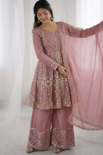 onion pink silk blend embroidered palazzo set