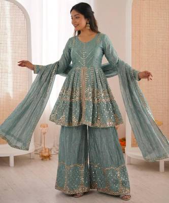 blue silk blend embroidered palazzo set 1