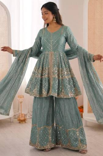 ice Blue silk blend sharara set