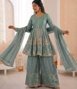 blue silk blend embroidered palazzo set