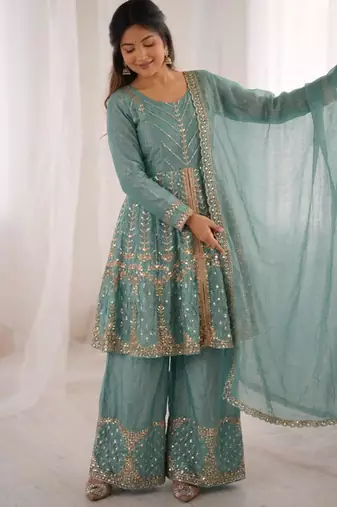 blue silk blend embroidered palazzo set